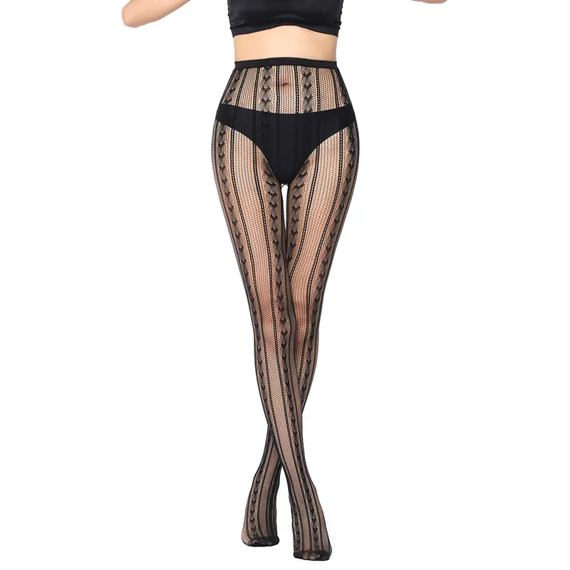 Vertical Stripes Love Ladies Fashion Body Meias Black Lace Fishnet Socks Para Mulheres Sexy Respirável Longo Tubo Leggings Meias