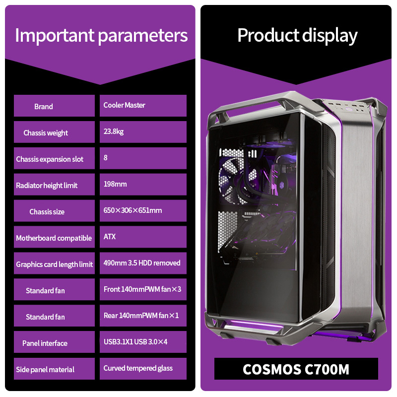 Cooler Master C700M Atx de Jeu Pleine Tour pc Cas 420 d'eau de refroidissement Trempé verre ARGB châssis