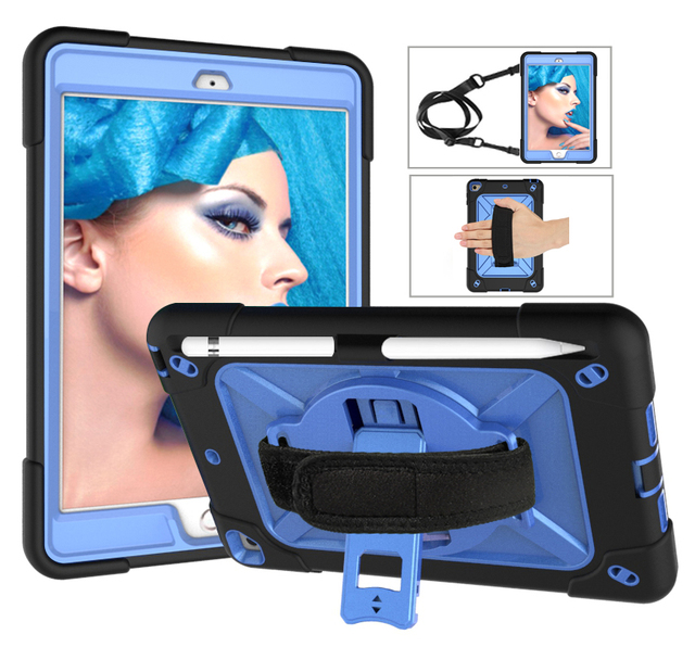 For iPad Mini 1 2 3 7.9 Inch Case with Pencil Holder Shockproof Rugged Silicone Tablet Cover + Stand + Hand+Shoulder Strap