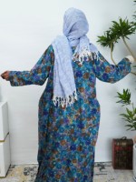 Gaun Maxi Longgar Motif Bunga Teal 100% Katun, Kerah V Kancing Depan, Cetak, Gaya Abaya Sederhana, Pinggang Alami, Bahan Bernapas, Formal, OEM