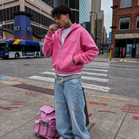 Fabricant OEM ODM de sweats à capuche roses personnalisés pour hommes en molleton bouclette avec bande rayée et broderie, style streetwear