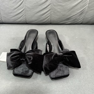 New Style Women's Black Bow-Embellished Square-Toe Open-Toe <b>Low</b>-<b>Heel</b> <b>Stiletto</b> Slide Sandals for Outdoor Wear - Product Image 2