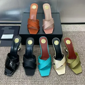 Mules à talons hauts en satin, sandales à talon aiguille, décoration en cristal, à enfiler, bout ouvert, chaussures de luxe pour femmes, de créateurs - Product Image 1