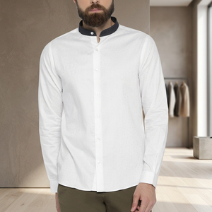 เสื้อเชิ้ตแขนยาวลายขาวสำหรับผู้ชาย คอจีน ผ้าฝ้ายป๊อปลิน 100% ระบายอากาศได้ดี ป้องกันการเป็นขุย ป้องกันการหดตัว ย้อมเส้นด้าย - Product Image 3