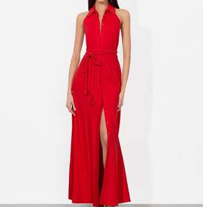 Chic rojo cuello Halter Maxi vestido con cintura cuerda lazo adecuado vacaciones eventos vestido de lino - Product Image 5