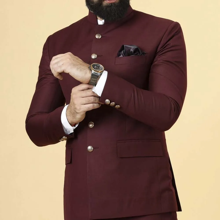 Modest Peak Lapel Slim Fit Men's Suits Burgundy 2 Pieces Solid Color Wedding Suit main image 1