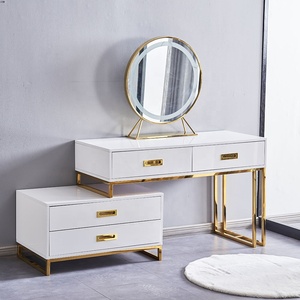 Modern Dressing <strong>Table</strong> Set with Round Mirror Luxury High <strong>Gloss</strong> <strong>White</strong> Wood Makeup Vanity <strong>Table</strong> - Product Image 6