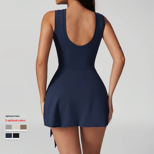 Robe de sport moulante anti-exposition deux pièces unie avec bretelles amincissantes, décontractée, respirante, pour fitness, yoga et tennis, avec jupe intégrée brossée quatre directions - Product Image 2