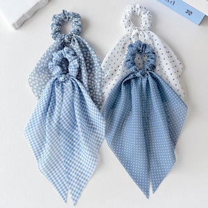 Fresh <b>Light</b> Blue Gingham Ditsy Floral Print Hair Scrunchies Long Ribbon Elastic Hair Bands Girls Daily Casual Styling Hair <b>Ropes</b> - Product Image 5