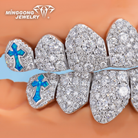 Grillz dentaire personnalisé de luxe style mosaïque en argent 925 avec incrustation de croix en moissanite VVS et opale bleue, bijoux corporels unisexe pour rappeurs hip-hop