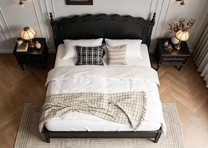 Premium <b>Queen</b> <b>Size</b> Black Wood Spindle <b>Bed</b> With Scalloped Wave Headboard For Vintage Bedroom - Product Image 4