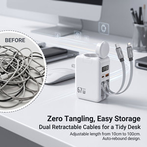 Chargeur rapide multi-ports <span class=keywords><strong>67W</strong></span> GaN avec câble rétractable, affichage numérique de la puissance, double prise Type C pour iPhone, <span class=keywords><strong>Apple</strong></span> Watch, iPad - Product Image 4