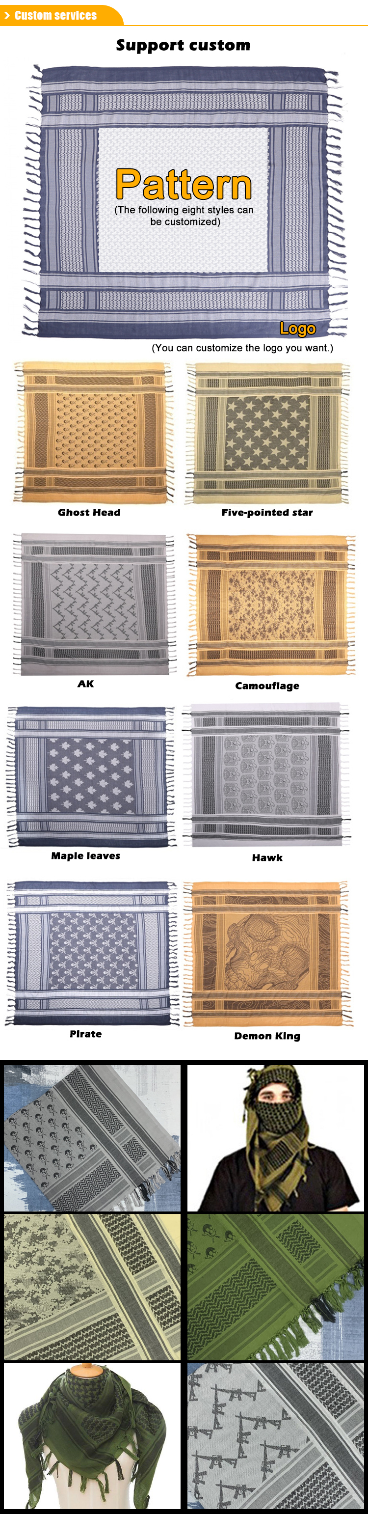 Baiyuheng Wholesale Customised Cotton Polyester Fabric Square Screen Digital Printing Scarf Design Custom Logo Tactical Shemagh