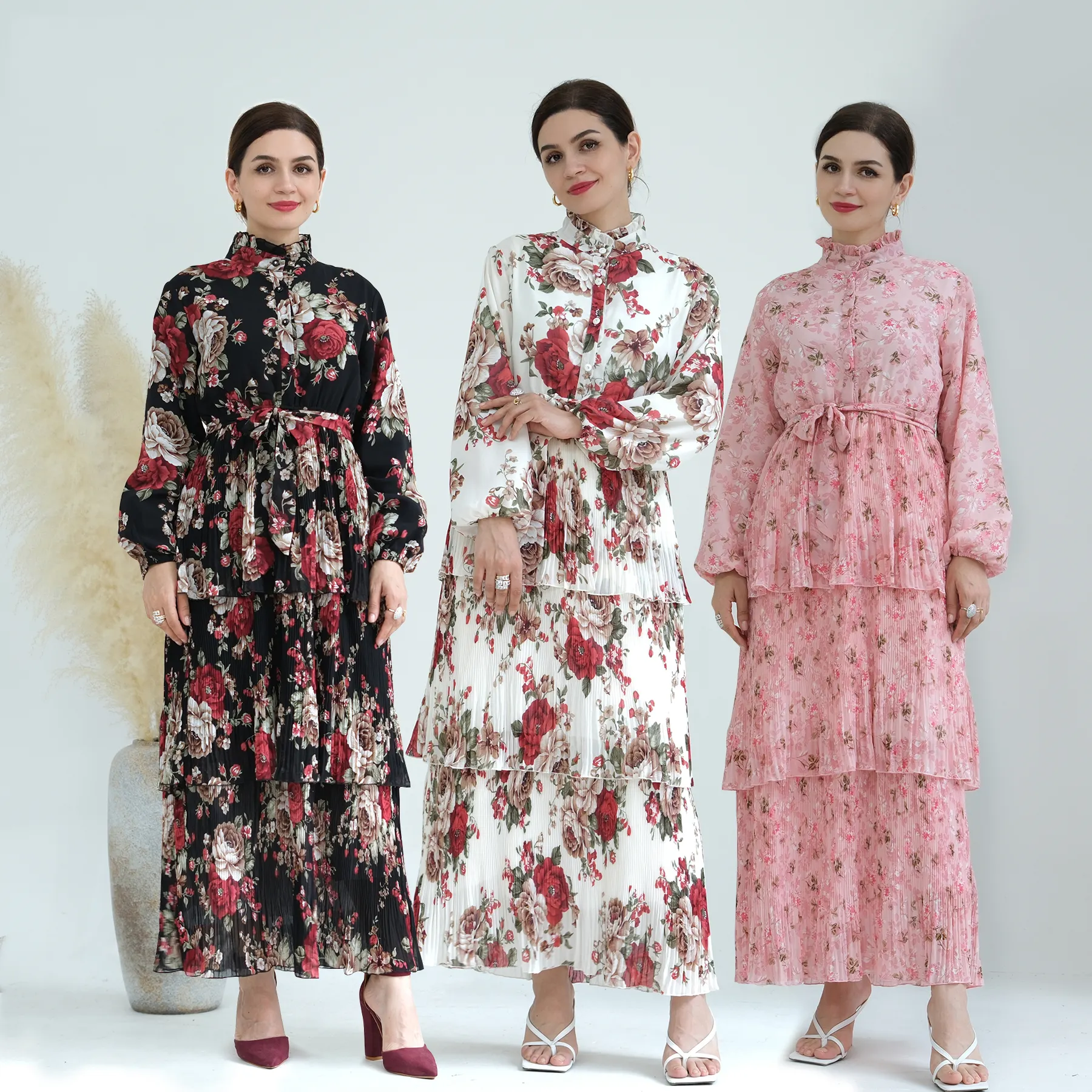 European American Elegant Floral Print 3 layers Chiffon Dress Chiffon Ankle Length Muslim Dress Women Abaya