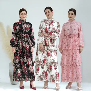 Vestido de chiffon com estampa floral elegante europeu americano, vestido de chiffon de 3 camadas até o tornozelo, vestido muçulmano para mulheres abaya