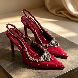 Escarpins d'été 2026 style féerique en satin rouge avec boucle en cristal, talons aiguilles pointus de 10 cm, semelle extérieure en caoutchouc pour mariage, fête, banquet - Product Image 1