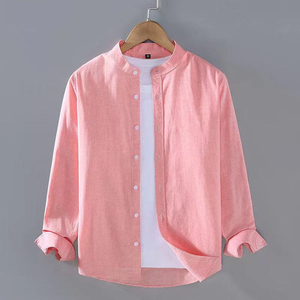 Camicia di <span class=keywords><strong>lino</strong></span> con bottone collo alto manica lunga Henley bianco nero morbido comodo autunno tinta unita maglietta da <span class=keywords><strong>uomo</strong></span> per gli uomini - Product Image 2