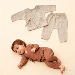 Abbigliamento per Neonati <span class=keywords><strong>in</strong></span> Morbido <span class=keywords><strong>Mussola</strong></span> 100% <span class=keywords><strong>Cotone</strong></span>, Completo Semplice con Camicia Allacciata e Pantaloni Lunghi - Product Image 3