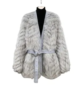 Custom Sheep Skin Fox Fur Winter Fur Long Coat for Women Trendy