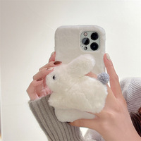 IVANHOE Nouvelle coque de téléphone pour filles en peluche 3D mignonne en forme de lapin blanc pour l'automne et l'hiver, compatible avec Apple 16promax 15pro 14 13