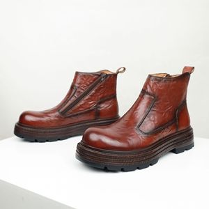 Nuevas Botas de Cuero para Hombre, Botas Chelsea de Cuero Genuino, Suela Gruesa, Cuero de Primera Calidad, Punta Redonda, Botas Casuales de Tobillo, Cómodas - Product Image 1