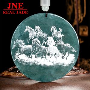 Colgante de Jade Natural Tipo A, Grabado con Sombra de Agua Azul, Paisaje de Dos Caballos, Jade de Hielo, Zodiaco Chino, para Hombre y Mujer - Product Image 2