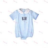 Vêtements pour bébé à imprimé vichy rose et bleu de Pâques, manches courtes, col Peter Pan, barboteuse pour bébé garçon et fille, tenue d'été pour tout-petit, tenue de rentrée à la maison