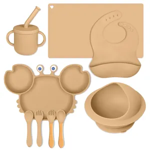 Cup Bowl Division Mat 7 Piece Set Fork Kid Safe Spoon Suction Food Grade Crab Bib Bpa Free Plate Silicone Baby Feeding Set