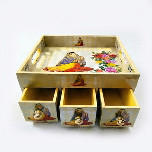 Plateau décoratif en bois peint à la main avec motifs floraux, boîte de rangement carrée, plateau de service, tiroirs, cadeau, décoration d'intérieur, imprimés zen asiatiques faits à la main - Product Image 1