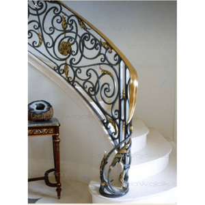 Barandilla de escalera de hierro forjado de lujo, barandilla curva para balcón, diseño ornamentado con volutas, decoración interior para villas, con recubrimiento en polvo. - Product Image 2