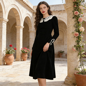 ZYHT 45421 Nuovi Arrivi Abito Midi Vintage da Donna Bianco con Pizzo Colletto Peter Pan <span class=keywords><strong>Maniche</strong></span> <span class=keywords><strong>Lunghe</strong></span> Elegante e Modesto <span class=keywords><strong>Vestito</strong></span> in <span class=keywords><strong>Velluto</strong></span> Nero - Product Image 2