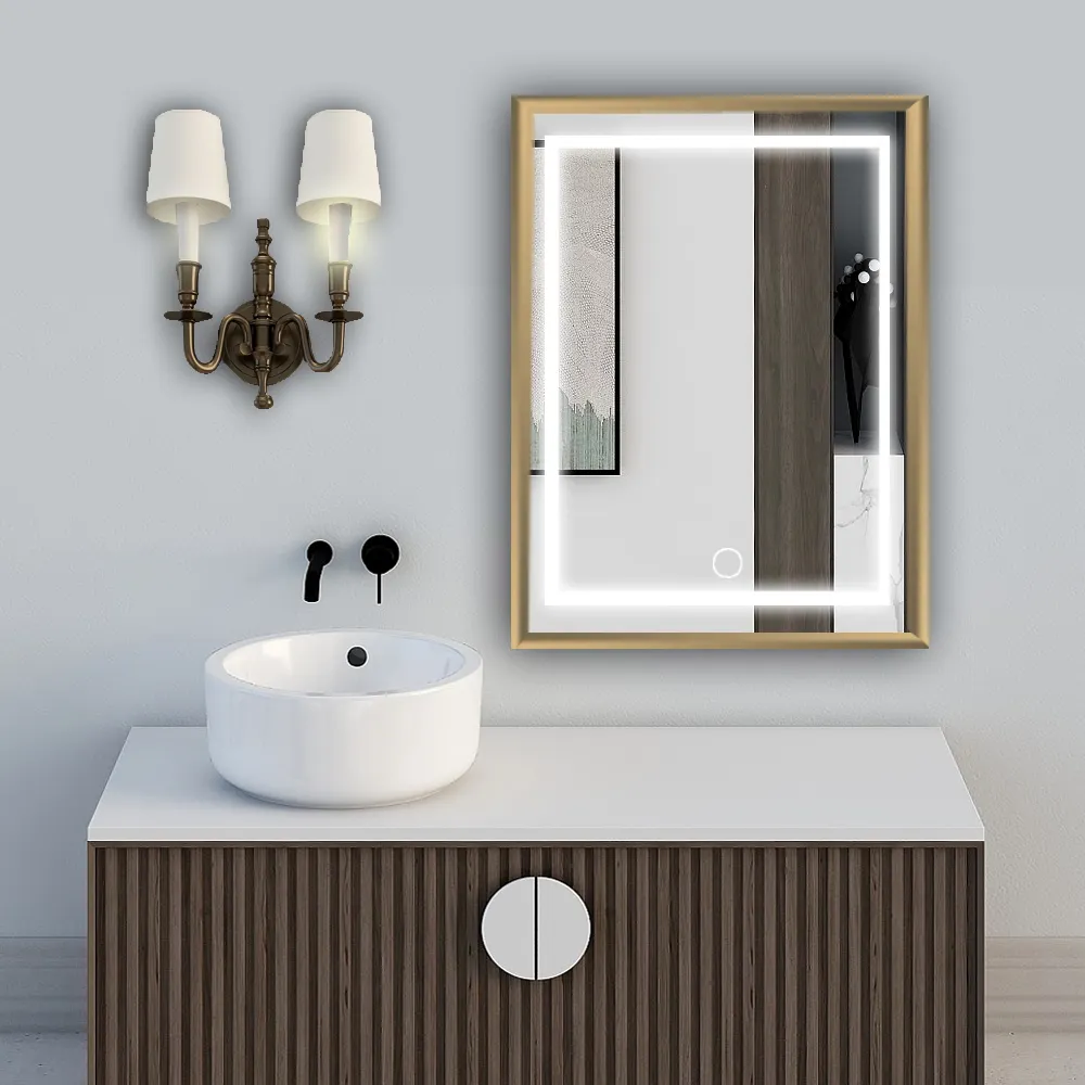 Specchio rettangolare con cornice allume di alta qualità a 3 colori con luce dimmerabile Touch Button a prova di acqua a LED specchio