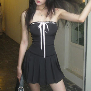 Robe plissée femme style français à blocs de couleur, épaules dénudées, taille nouée, coupe ajustée, pour l'été, vente en gros - Product Image 1