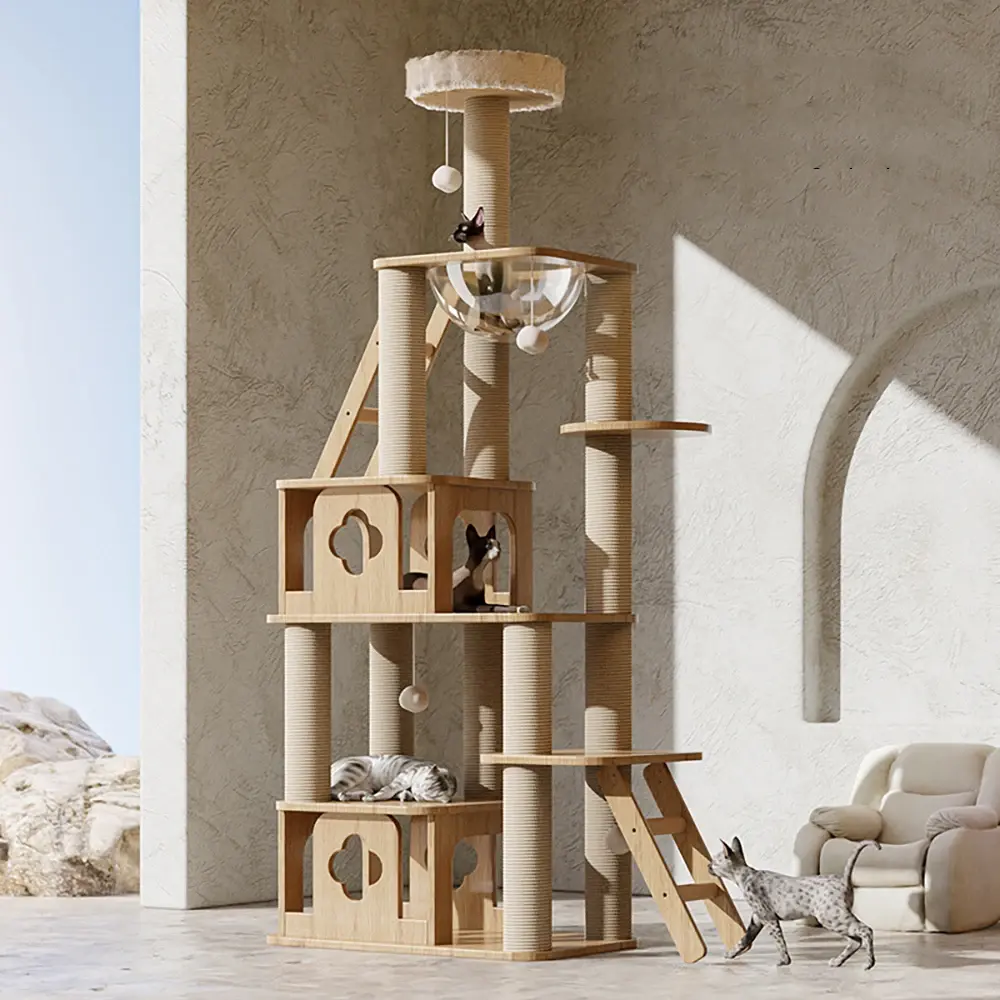 Wood Cat Tree House Condos Wooden Cat Tower with Sisal Rope Scratching  Posts Climbing Frame Toy Cat Products