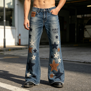 Pantalones vaqueros de hombre de corte y confección personalizados, estilo hip hop, con parche de cuero bordado, lavado a la piedra, efecto monkey wash, apilados, de mezclilla gruesa y corte acampanado - Product Image 3