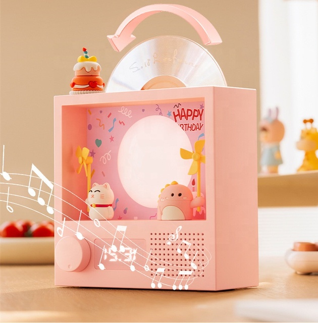 Cute Vinyl Player BT Speaker Retro Turntable CD Player Speaker with RGB Atmosphere Night Light Lamp Clock Perfect Gifts