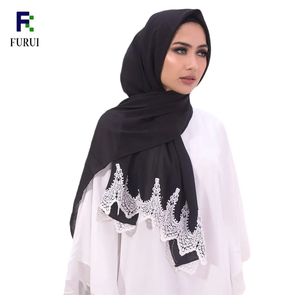 Hijab cachecol feminino moderno, chiffon com renda branca cachecol moderno hijab 2019