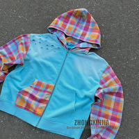 Sweat à capuche surdimensionné en coton 100% personnalisé, motif écossais Madras, bleu délavé, avec patchwork et trous usés, style vintage