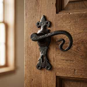 Poignée de porte traditionnelle en fonte noire avec plaque et trou pour clé, design ambidextre, installation facile - Coshik Exports - Product Image 4