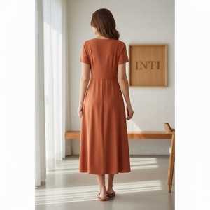 Elegante Vestido Midi de Manga Corta con Cuello en V y Cintura Plizada para Mujer, Vestido Minimalista Suave <span class=keywords><strong>INTI</strong></span> con Corte en A - Product Image 2
