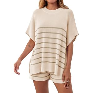 Women's Striped 2 Piece <b>Knit</b> <b>Set</b> Oversized Batwing Top High Waisted Shorts Summer Casual Lounge Outfit - Product Image 1