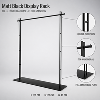 Porte-vêtements sur pied en métal noir mat, présentoir à vêtements à double tube, base pleine longueur, personnalisable en usine