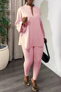 ชุดเซ็ต 2 ชิ้น เสื้อคอวีสีพื้นแบบแยกชิ้นและเลกกิ้งลำลองสำหรับผู้หญิงรุ่นใหม่ล่าสุด - Product Image 2