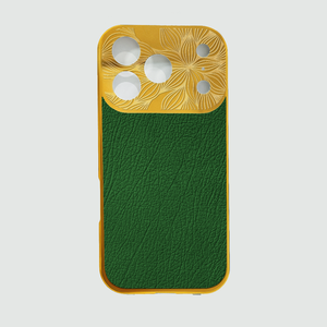 Étui de luxe 2 en 1 en cuir véritable de style <span class=keywords><strong>allemand</strong></span> pour iPhone 17 Texture en cuir de vache émeraude et marron avec gravure profonde en métal - Product Image 2