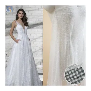 High-End Polyester Flash Silver Shiny Glitter Tulle Net Fabric Sparkle Mesh Wedding Dress Bridal Fabric Price Sales by Yards