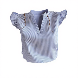 Women Striped V-Neck <b>Cap</b> <b>Sleeve</b> Blouse Ruffles Poplin Casual Spring Summer Breathable Short Length <b>Top</b> - Product Image 4