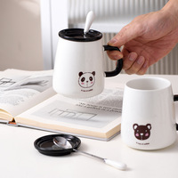 Taza de Porcelana con Diseño de Animal de Dibujos Animados en Blanco y Negro con Cuchara, Apta para Microondas y Lavavajillas, para Fiestas, Diseño Adorable