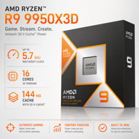 Processeur CPU 9950X3D 16 cœurs 32 threads 5,7 GHz Boost Max 128 Mo de cache L3 Socket AM5 DDR5 en boîte pour PC de jeu de bureau