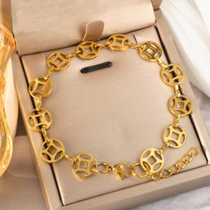 Pulsera de Lujo Ligero con Eslabones de Moneda China Chapada en Oro de 18K, de Acero Inoxidable, Impermeable, Regalo de la Suerte para Mujer - Product Image 1