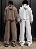 Ensemble de survêtement pour homme, style streetwear oversize, avec sweat à capuche zippé et pantalon de survêtement, effet vieilli et délavé, grammage lourd, 100% Coton, Vente en gros